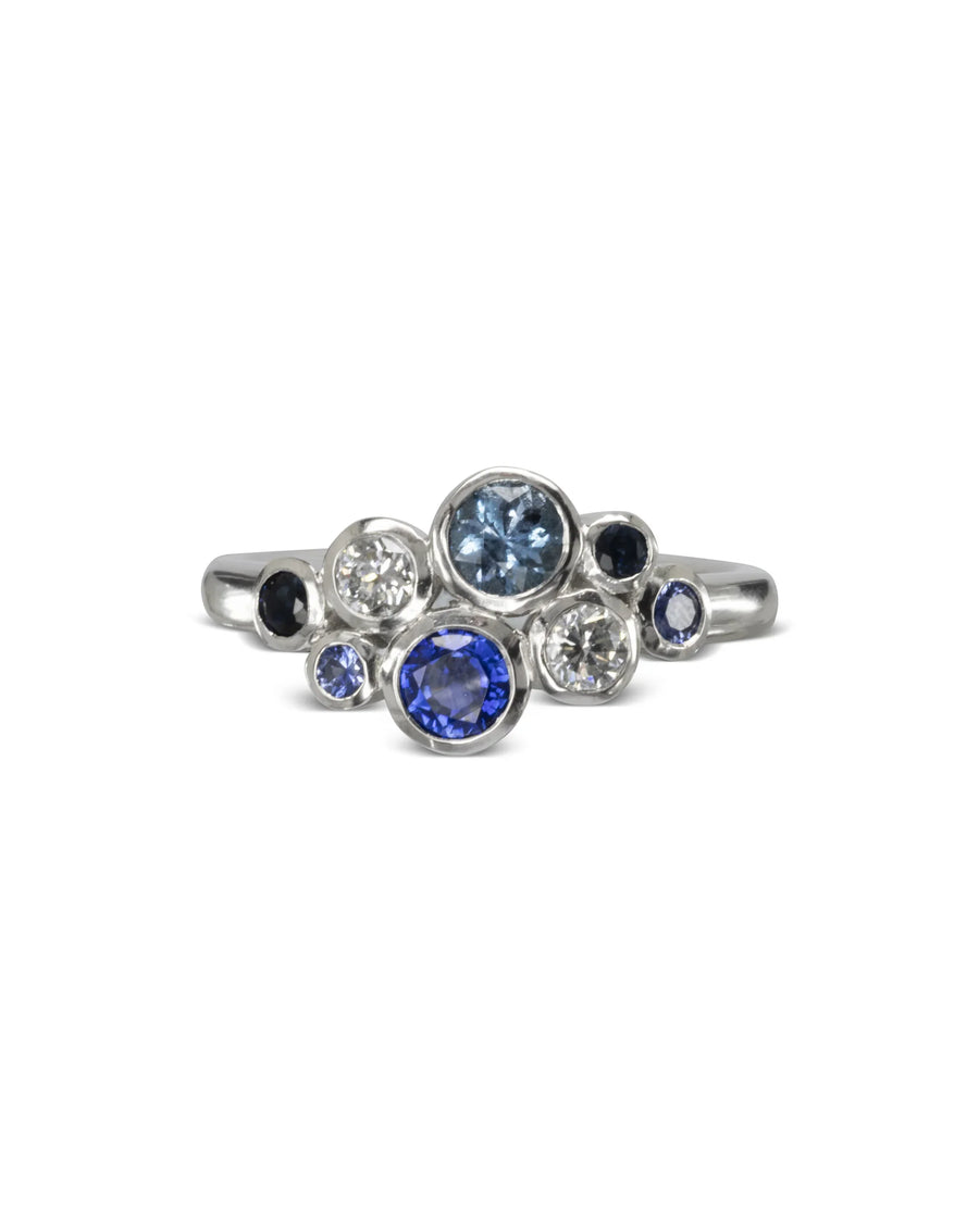 Front View Hinged Bubbles Sapphire and Diamond Platinum Cluster Ring Pruden and Smith