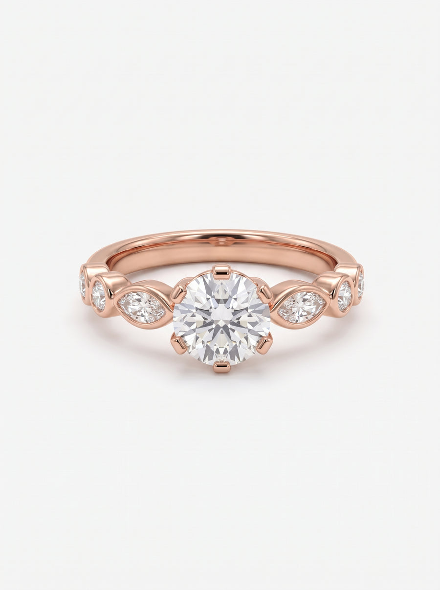 Rose gold engagement ring with a round center diamond and marquise side stones on a plain band.