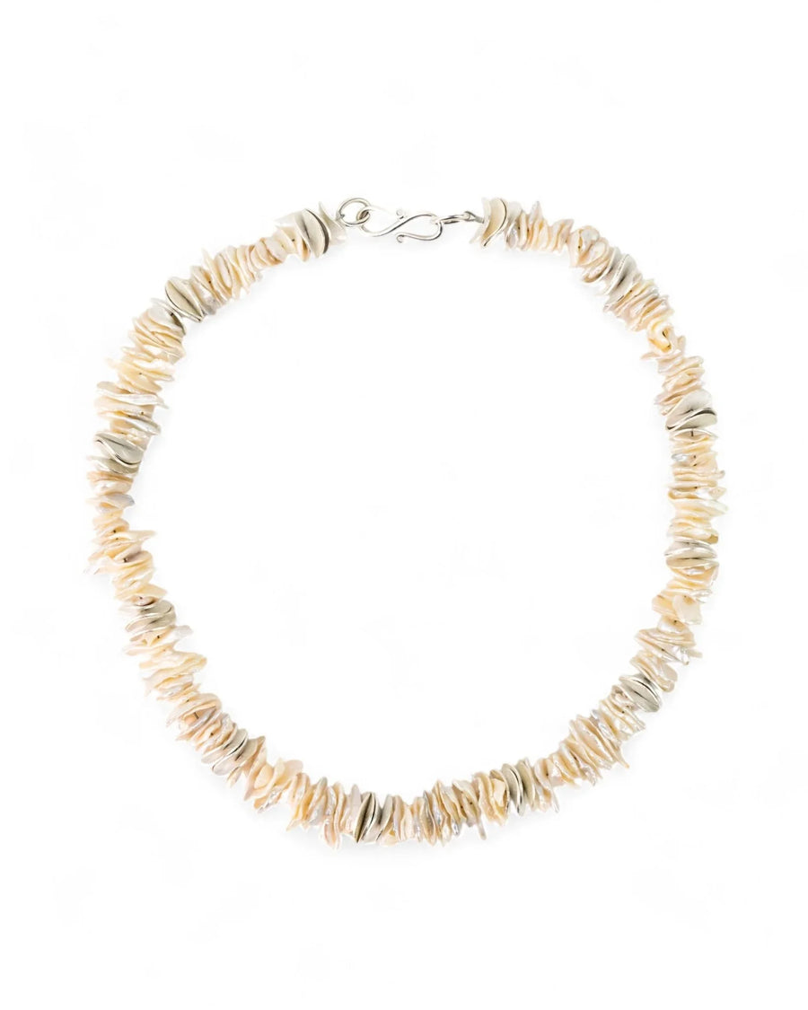 Keshi pearl and silver disc necklace with a hook clasp.
