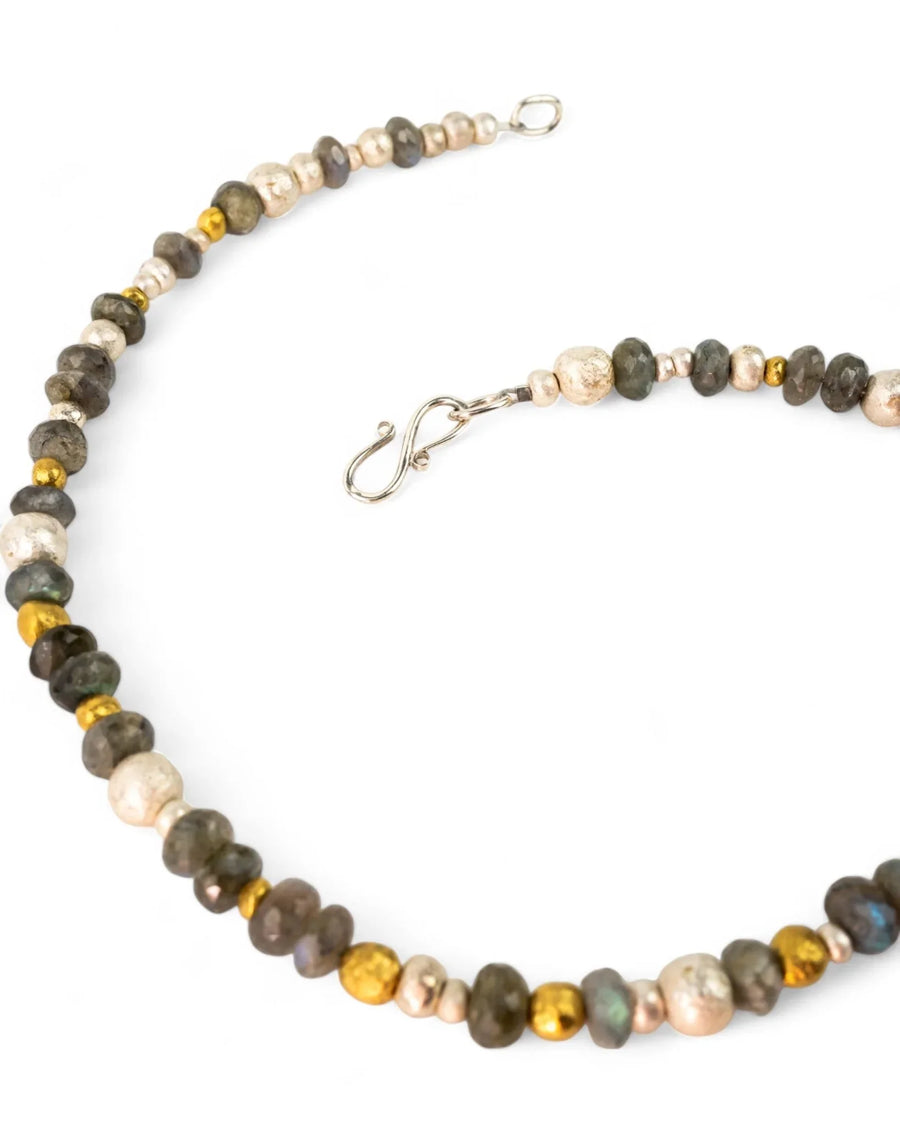 Labradorite, silver, and gold nugget bead necklace with a silver hook clasp on white background