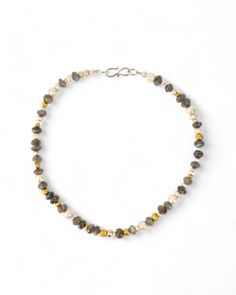 Labradorite necklace with mixed silver and gold nugget beads on a white background