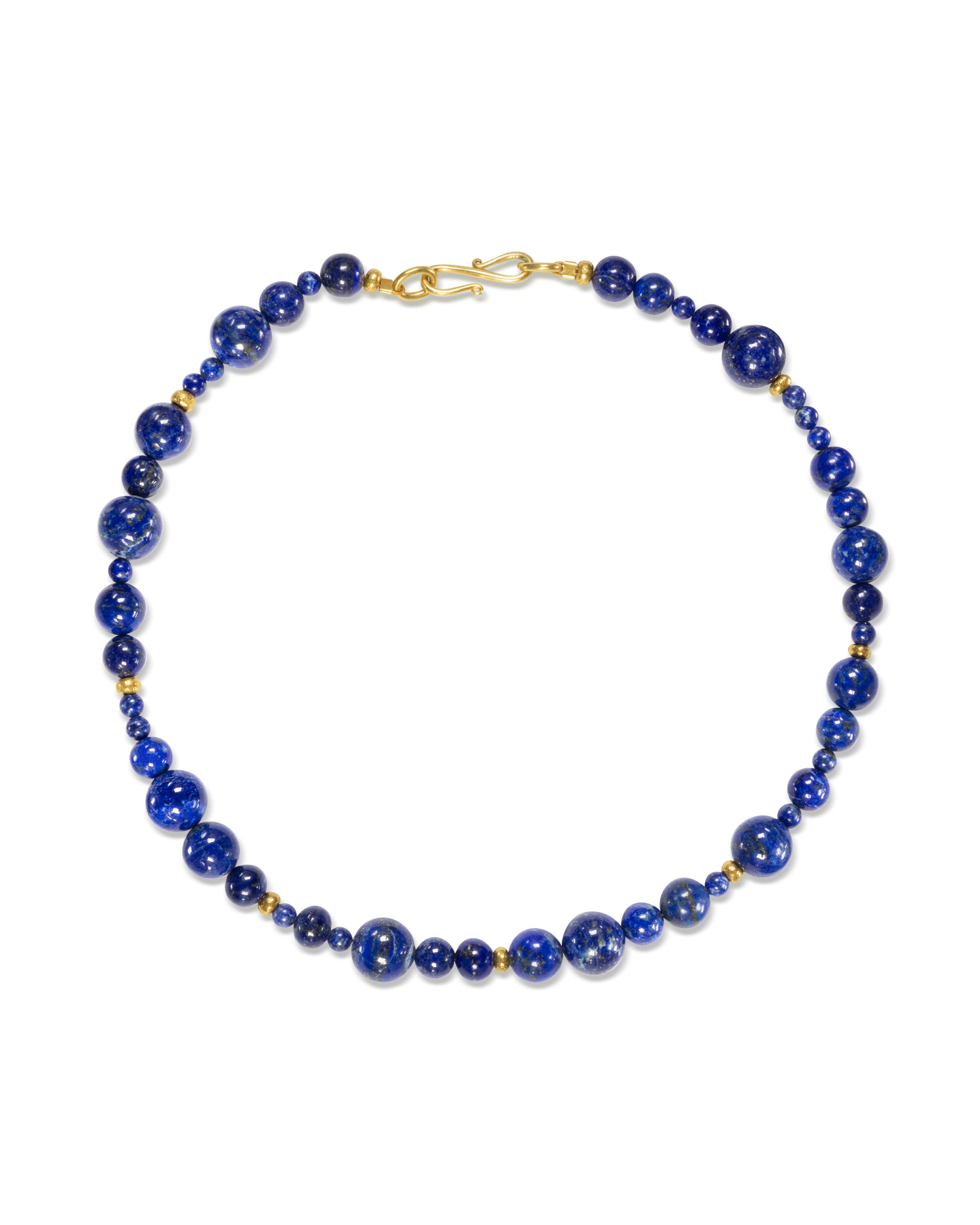 Lapis lazuli gold nugget necklace with varied size blue beads and a gold clasp.