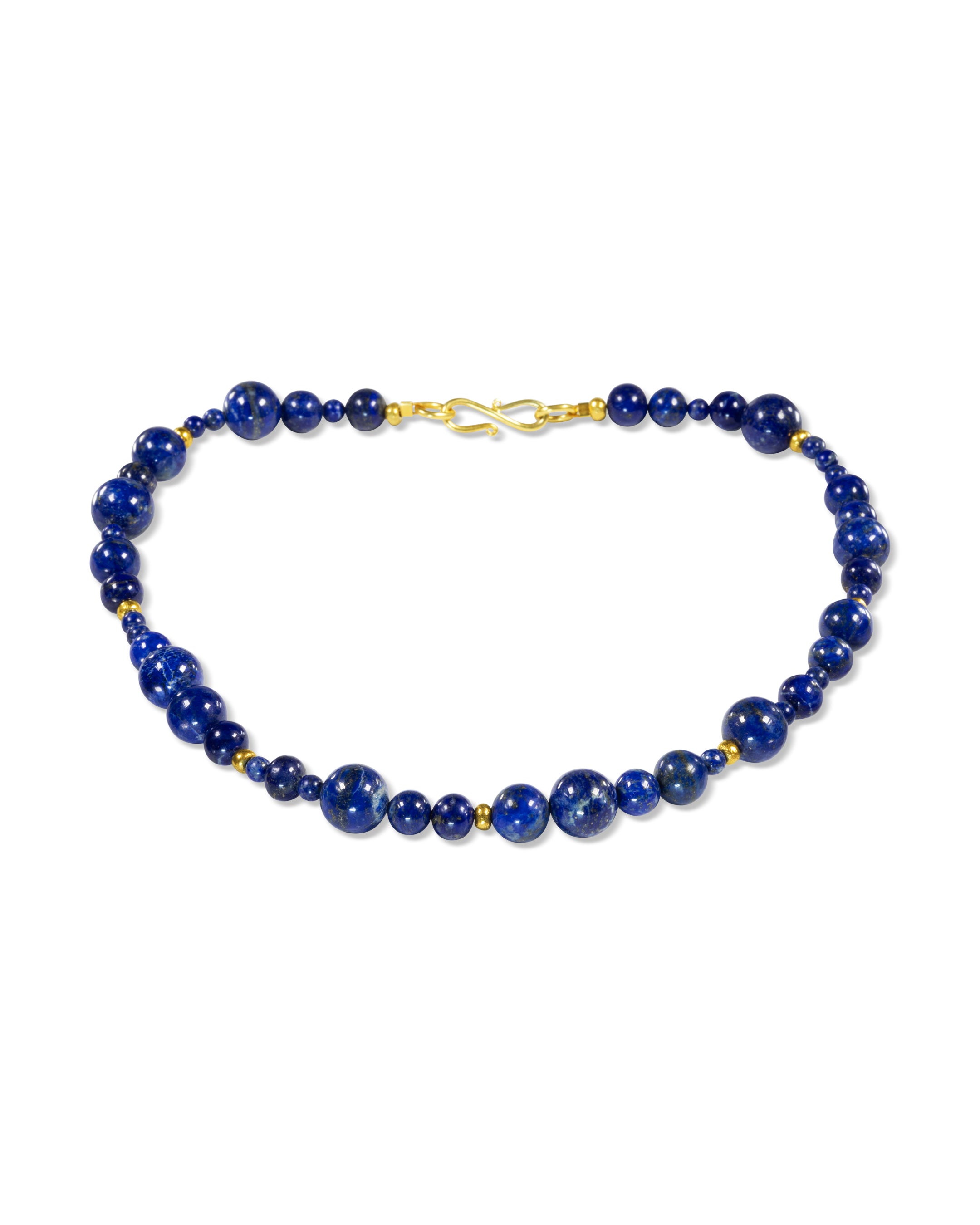 Lapis lazuli beaded necklace with gold nugget accents and clasp.