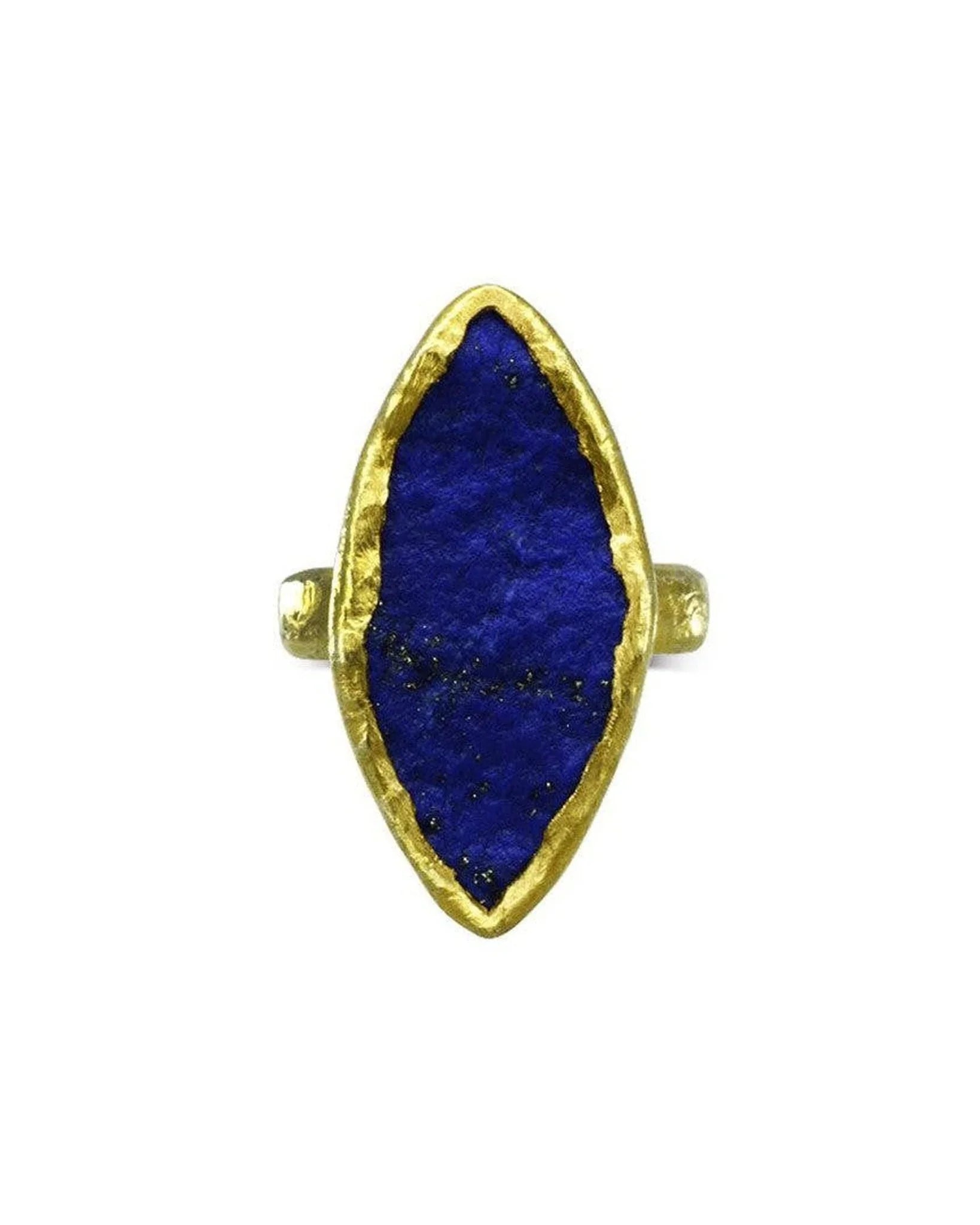 Marquise cut lapis lazuli ring with textured gold setting on white background