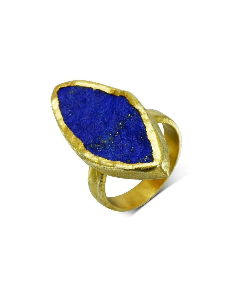 Gold ring with marquise-cut deep blue lapis lazuli gemstone and textured finish
