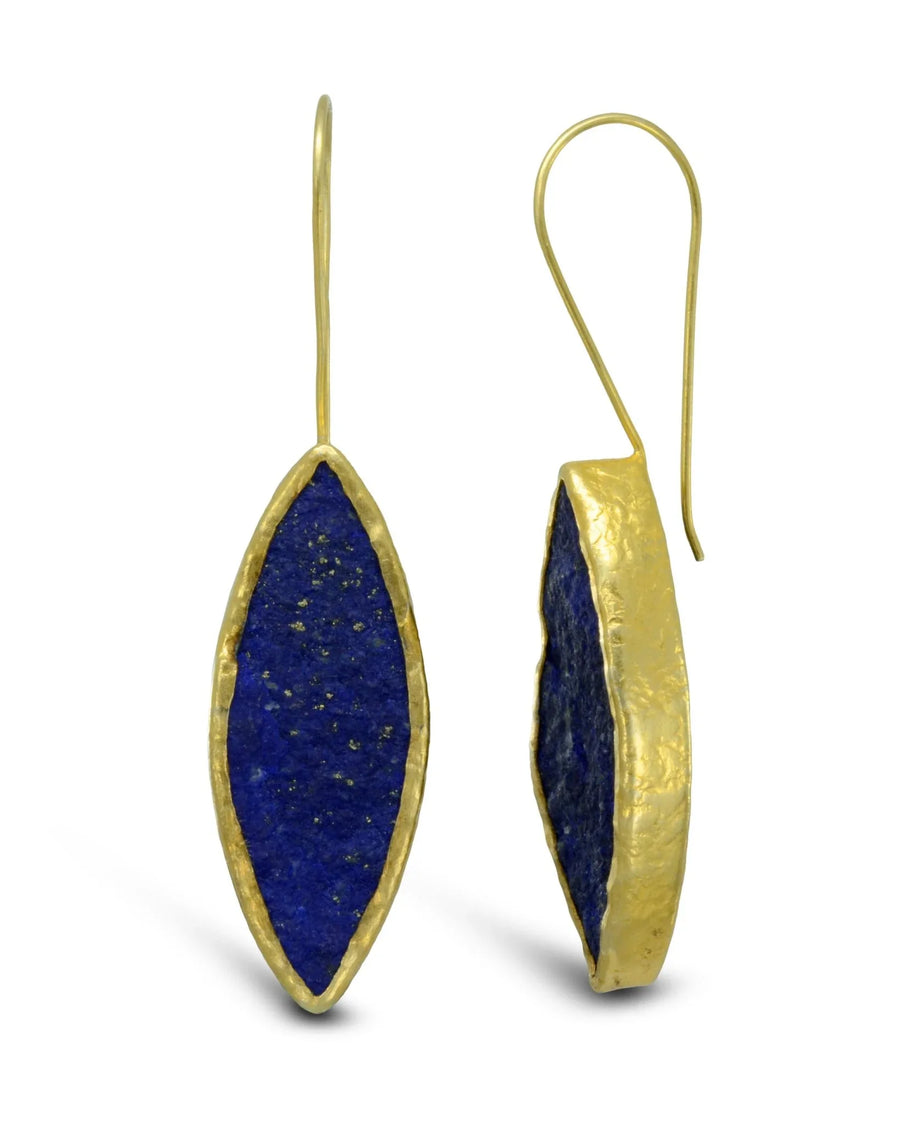 Handcrafted marquise drop earrings featuring deep blue lapis lazuli and textured gold setting