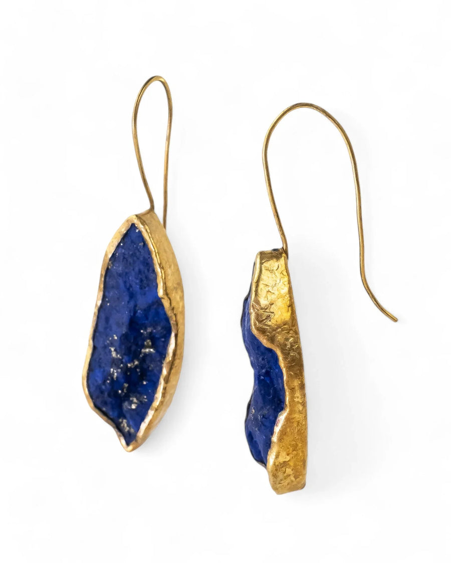 Handcrafted gold drop earrings with rough blue lapis lazuli marquise stones