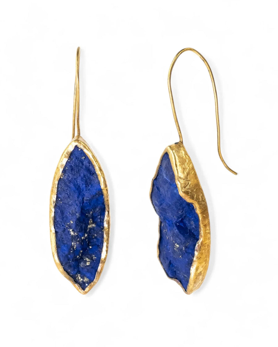 Handmade marquise drop earrings with raw lapis lazuli stones set in gold, textured edges