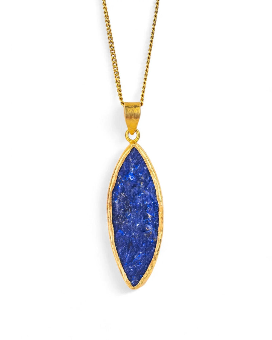 Handmade gold necklace with marquise lapis lazuli pendant, organic blue gemstone jewelry