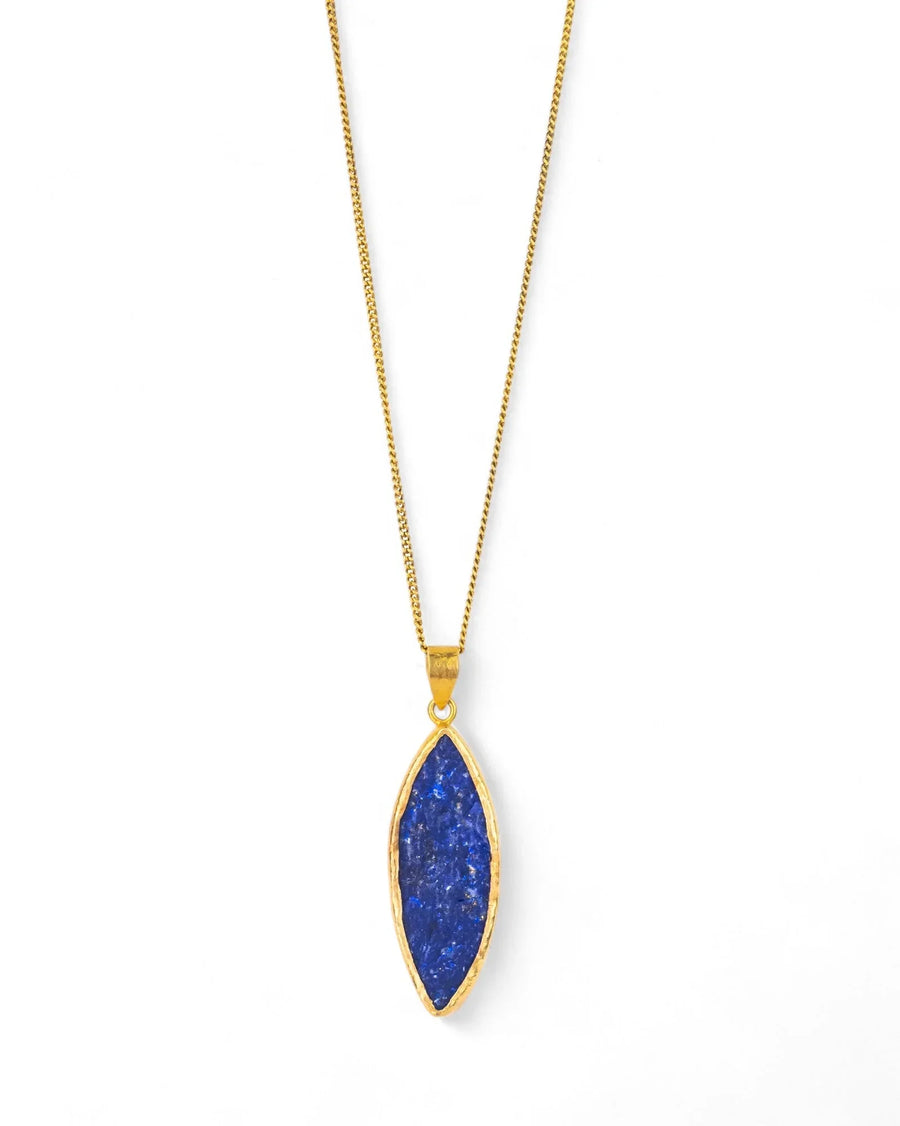 Gold necklace with marquise-shaped lapis lazuli pendant on white background