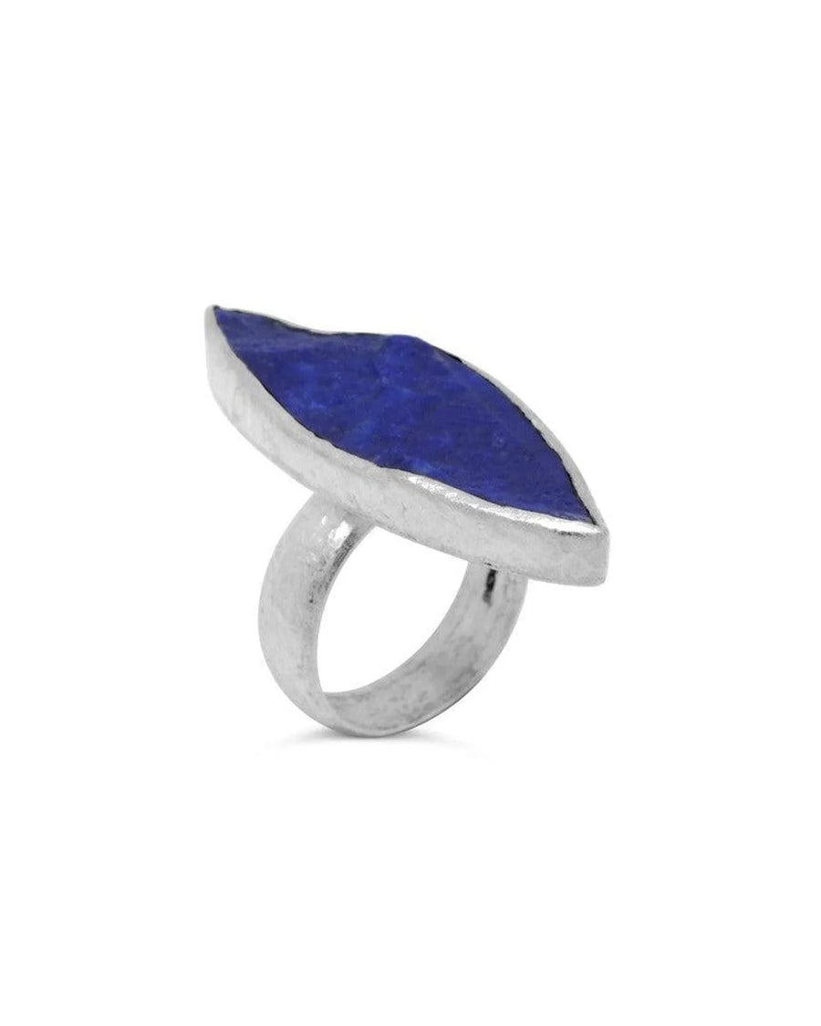Handmade silver ring with marquise-cut lapis lazuli gemstone on white background