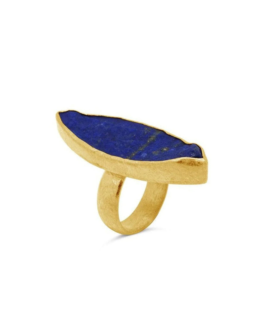 Gold marquise ring with organic lapis lazuli stone, handmade modern jewellery