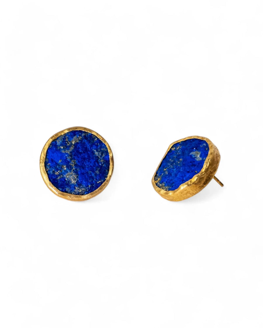 Handcrafted round lapis lazuli stud earrings with textured silver and deep blue stones