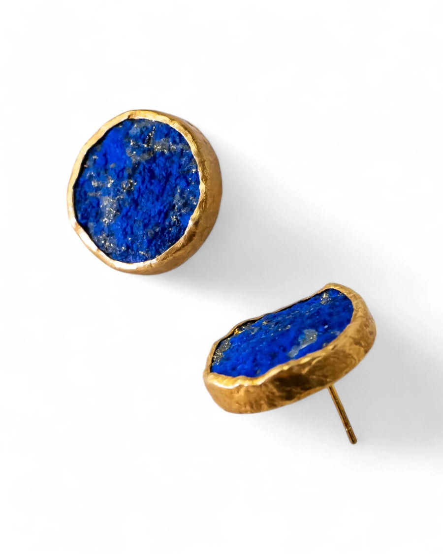Handmade lapis lazuli round stud earrings with rustic gold textured settings