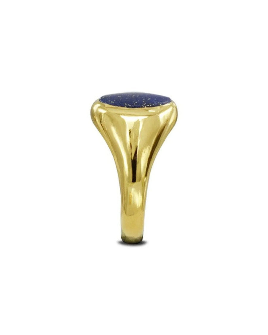 Lapis lazuli signet ring in polished yellow gold, shown from a side profile.