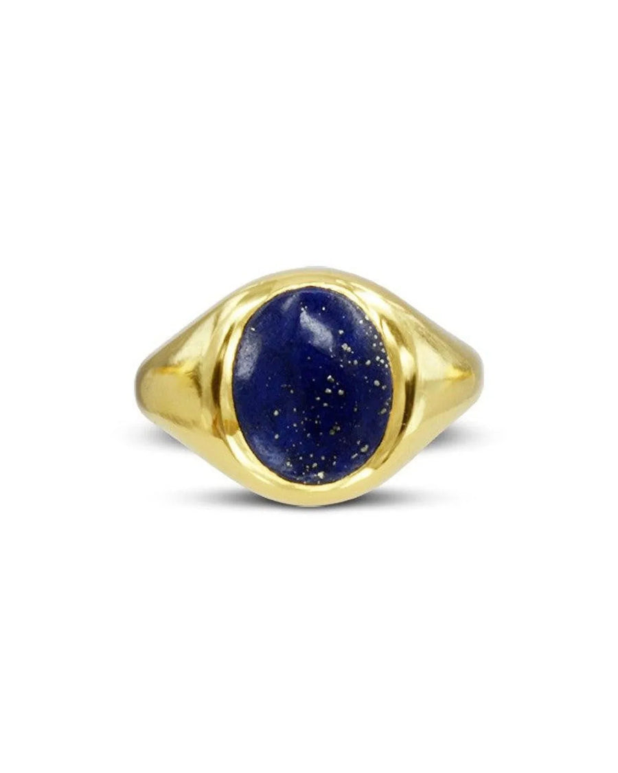 Oval lapis lazuli gemstone set in a yellow gold signet ring.