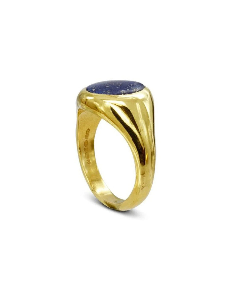 Lapis lazuli oval gemstone set in a polished 9ct yellow gold signet ring.