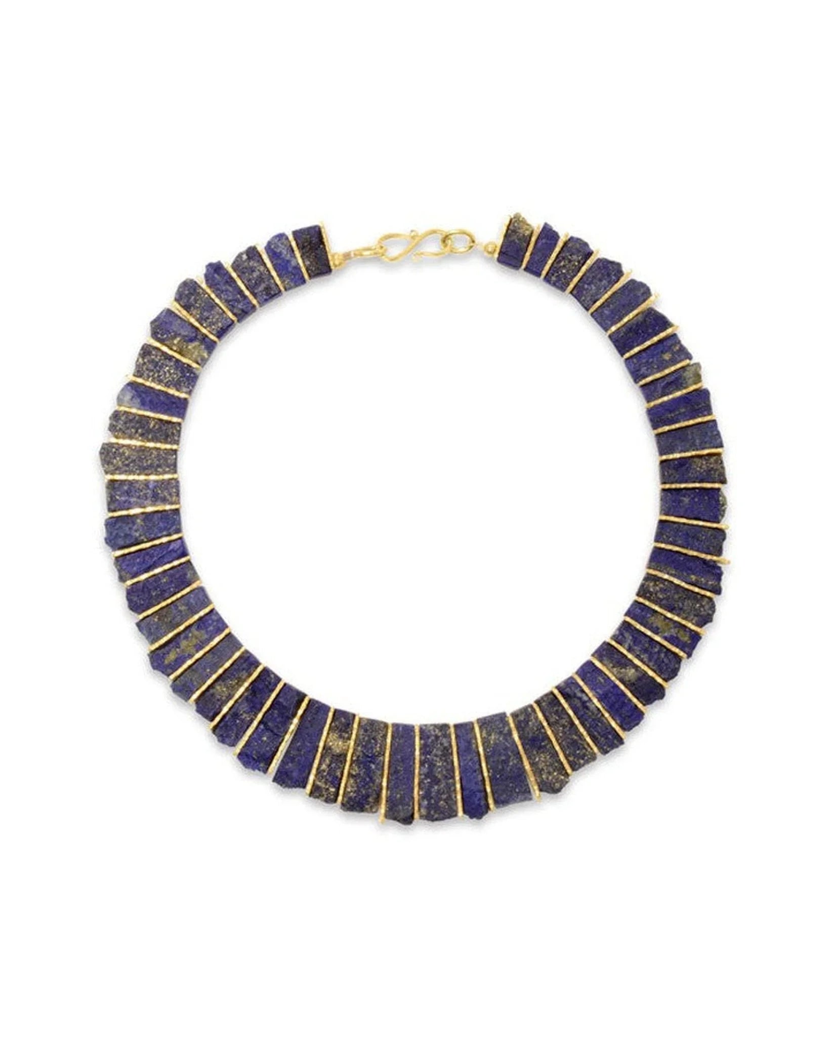 Lapis lazuli necklace featuring gold accents and chunky, rectangular blue stone tabs