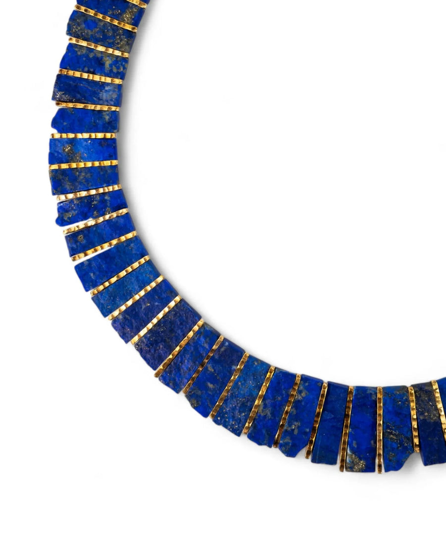 Lapis lazuli tab necklace with gold detailing, handcrafted luxury gemstone jewelry