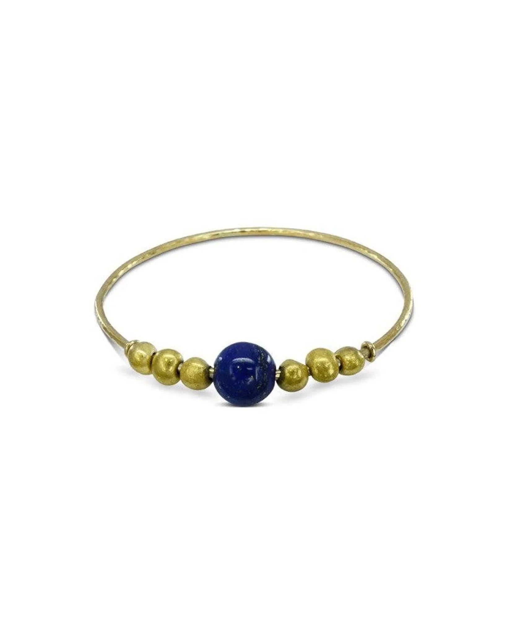 Yellow gold bangle with central lapis lazuli bead and organic gold nuggets