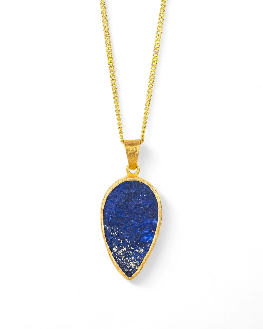 Teardrop lapis lazuli pendant in yellow gold with textured finish on a gold chain