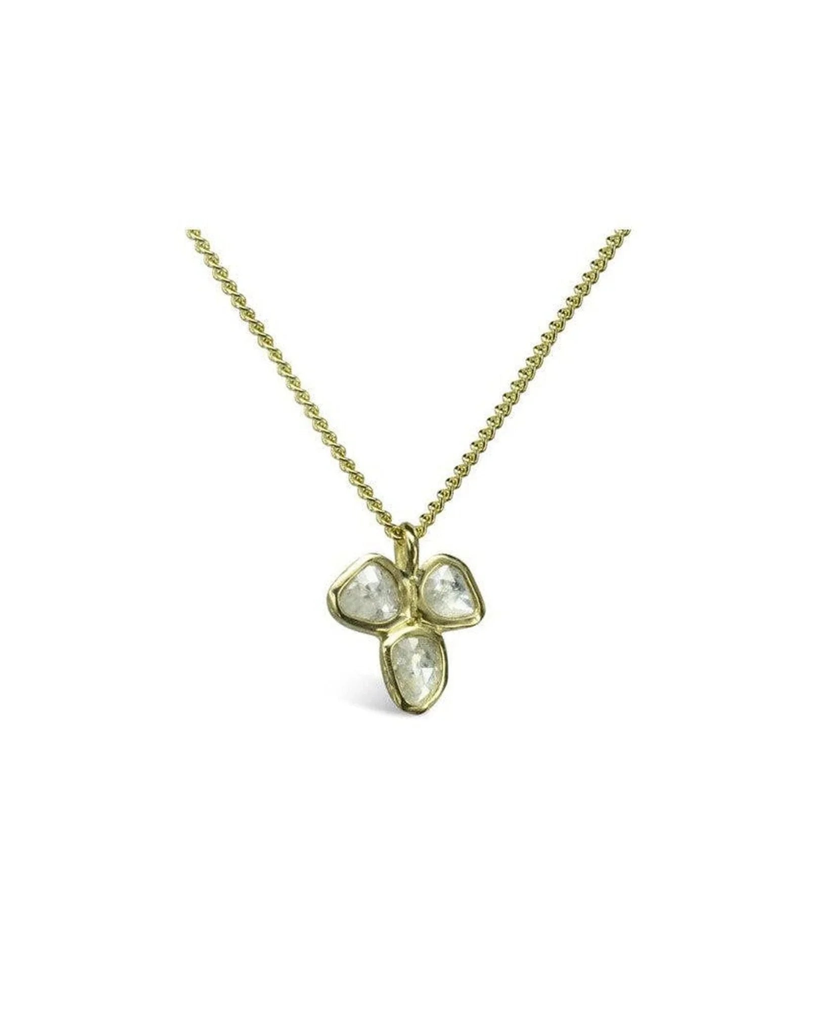 Gold trefoil pendant necklace with three rough diamonds, organic and elegant design.