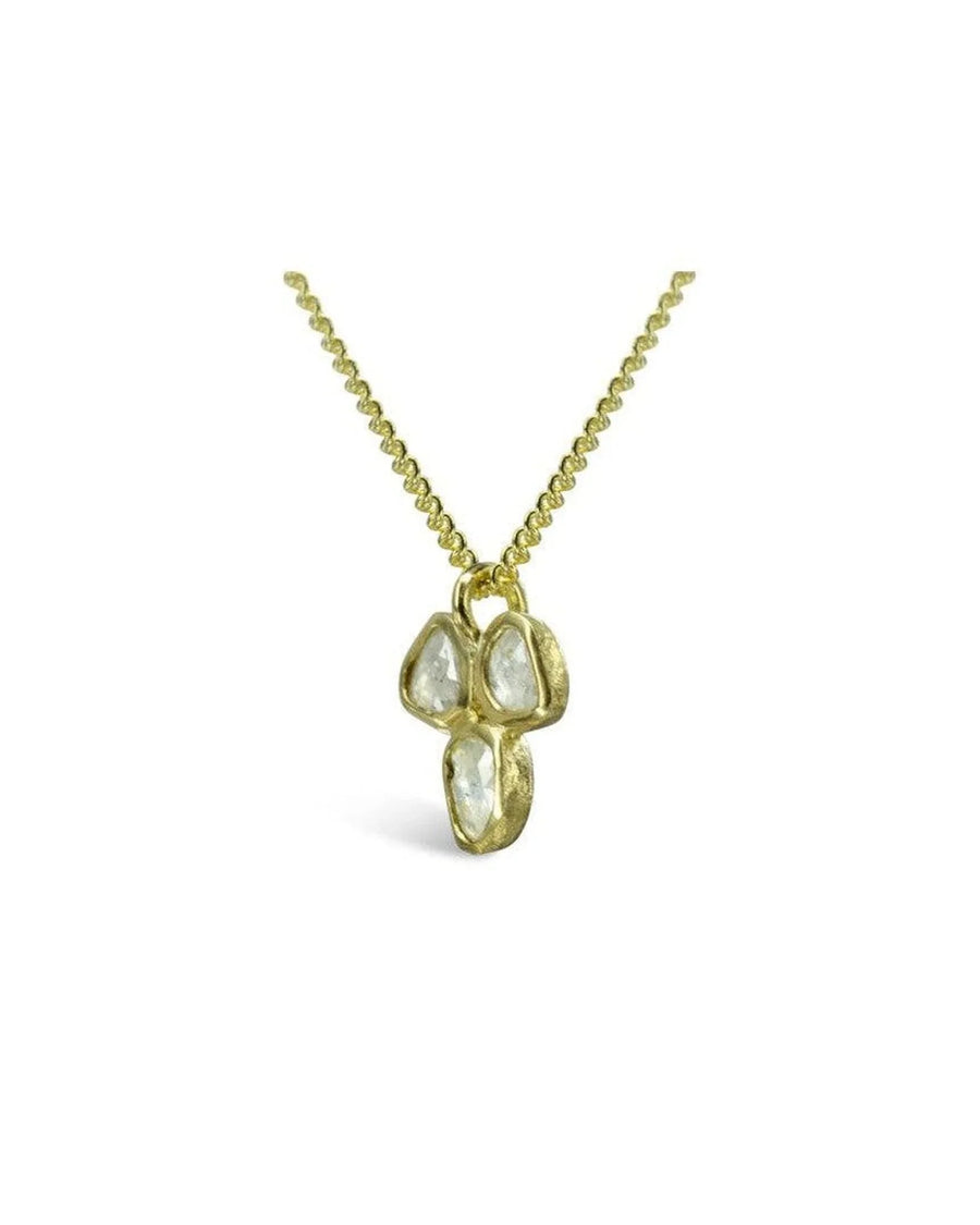 Gold trefoil pendant with rough diamonds on a chain, organic and unique jewelry design