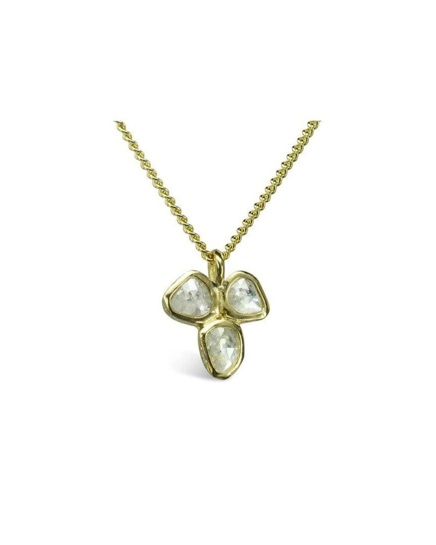 Gold trefoil pendant necklace with three rough diamonds in organic settings