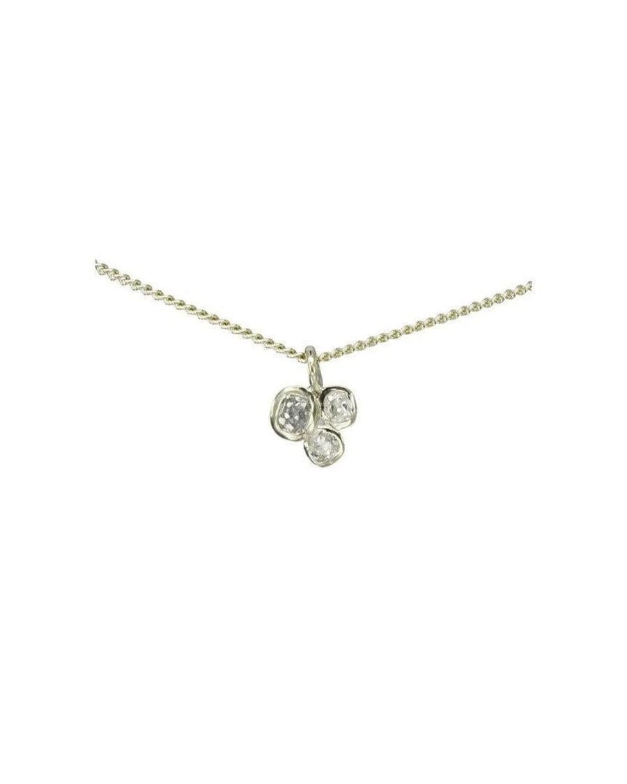 Organic trefoil pendant necklace with three rough diamonds in silver setting on chain