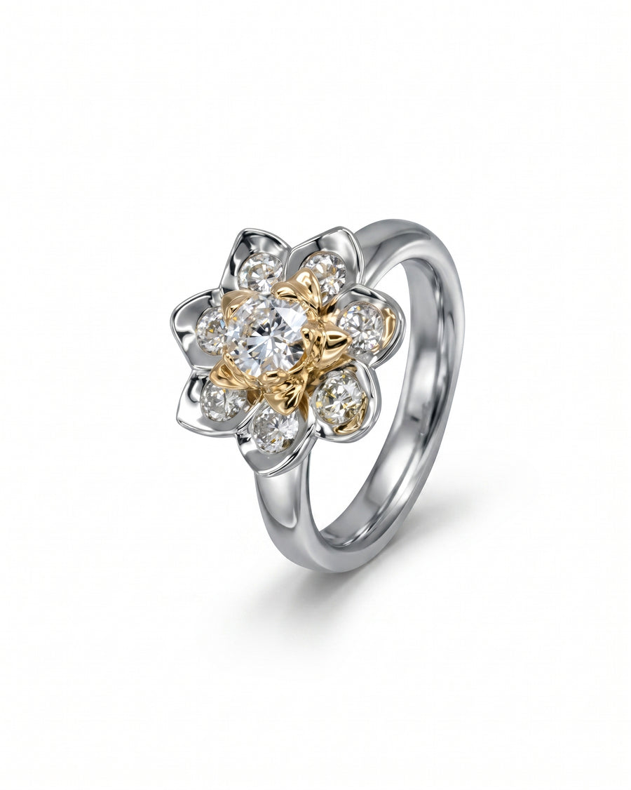 Silver and gold lotus flower diamond cluster ring.