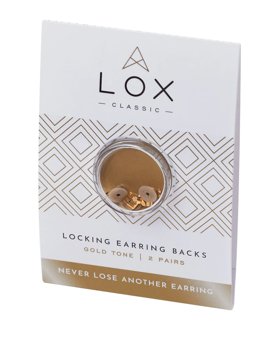 Gold tone locking earring backs, packaged with geometric design, two pairs included