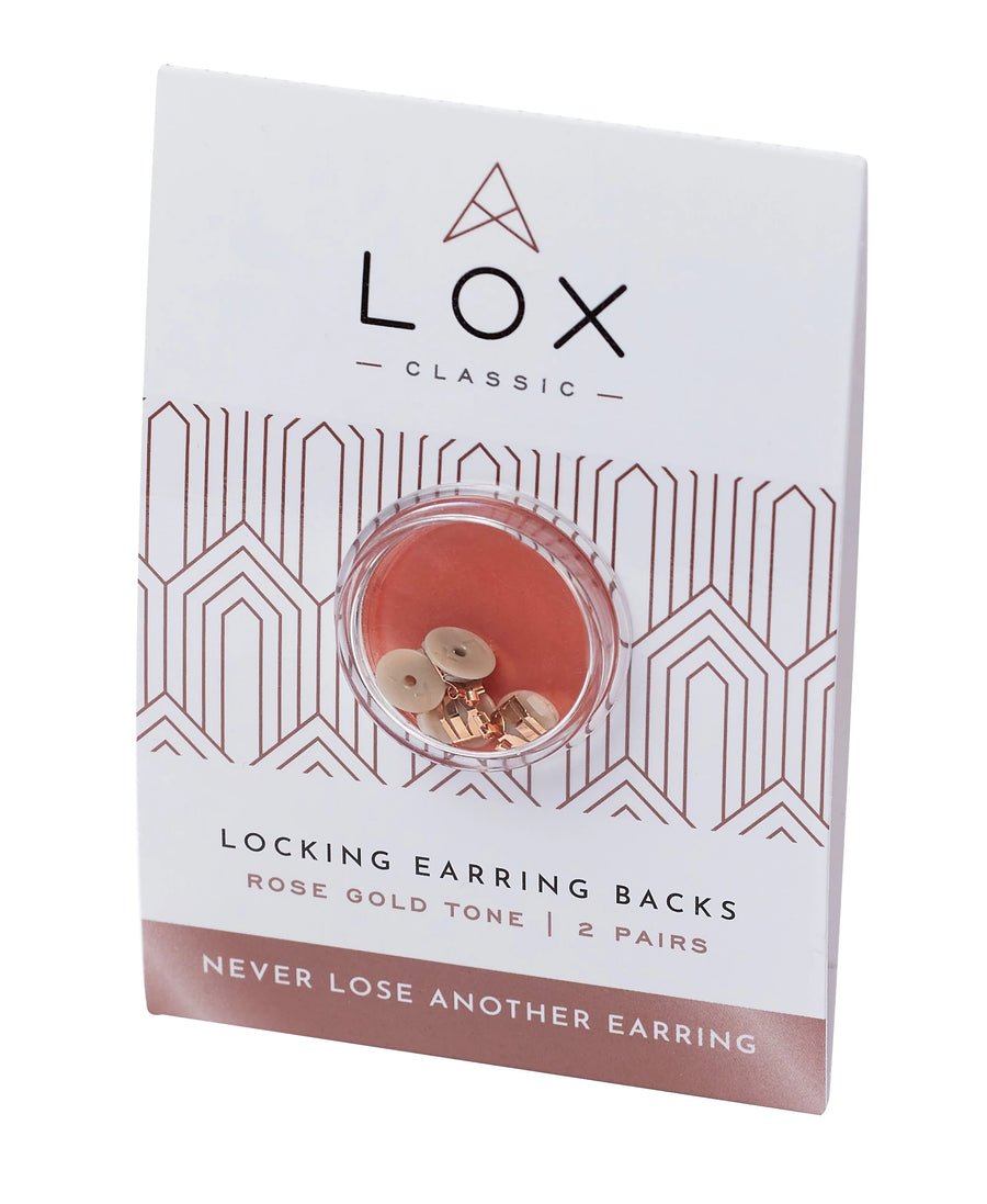 Rose gold tone locking earring backs set of 2 pairs on decorative display card