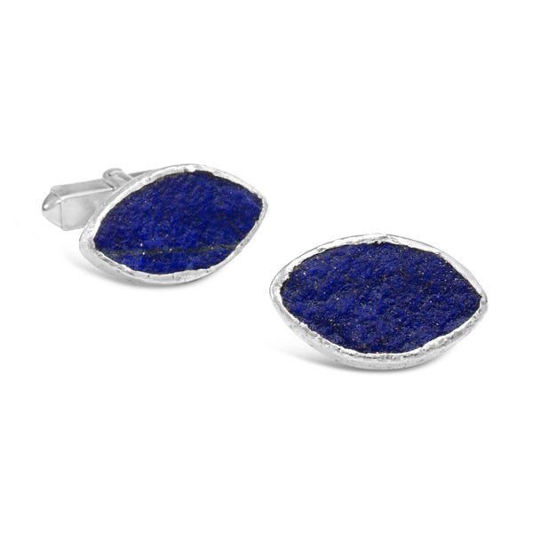 Marquise-shaped cufflinks featuring textured blue lapis lazuli gemstones set in polished silver frames.