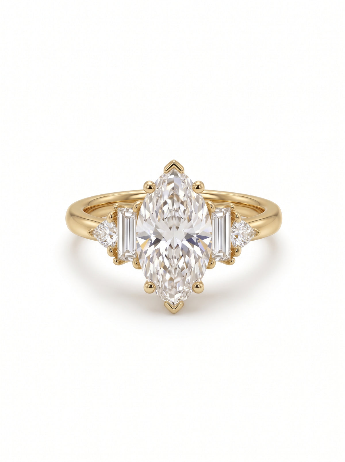 9ct yellow gold engagement ring featuring a marquise cut center stone with baguette and trillion side diamonds.