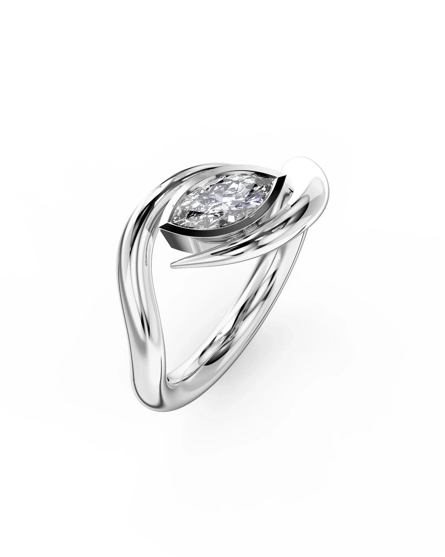 Platinum marquise cut spiky engagement ring with a 1ct lab grown diamond.