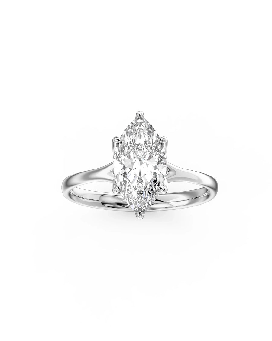 Silver ring with a marquise cut diamond in a tulip claw setting.