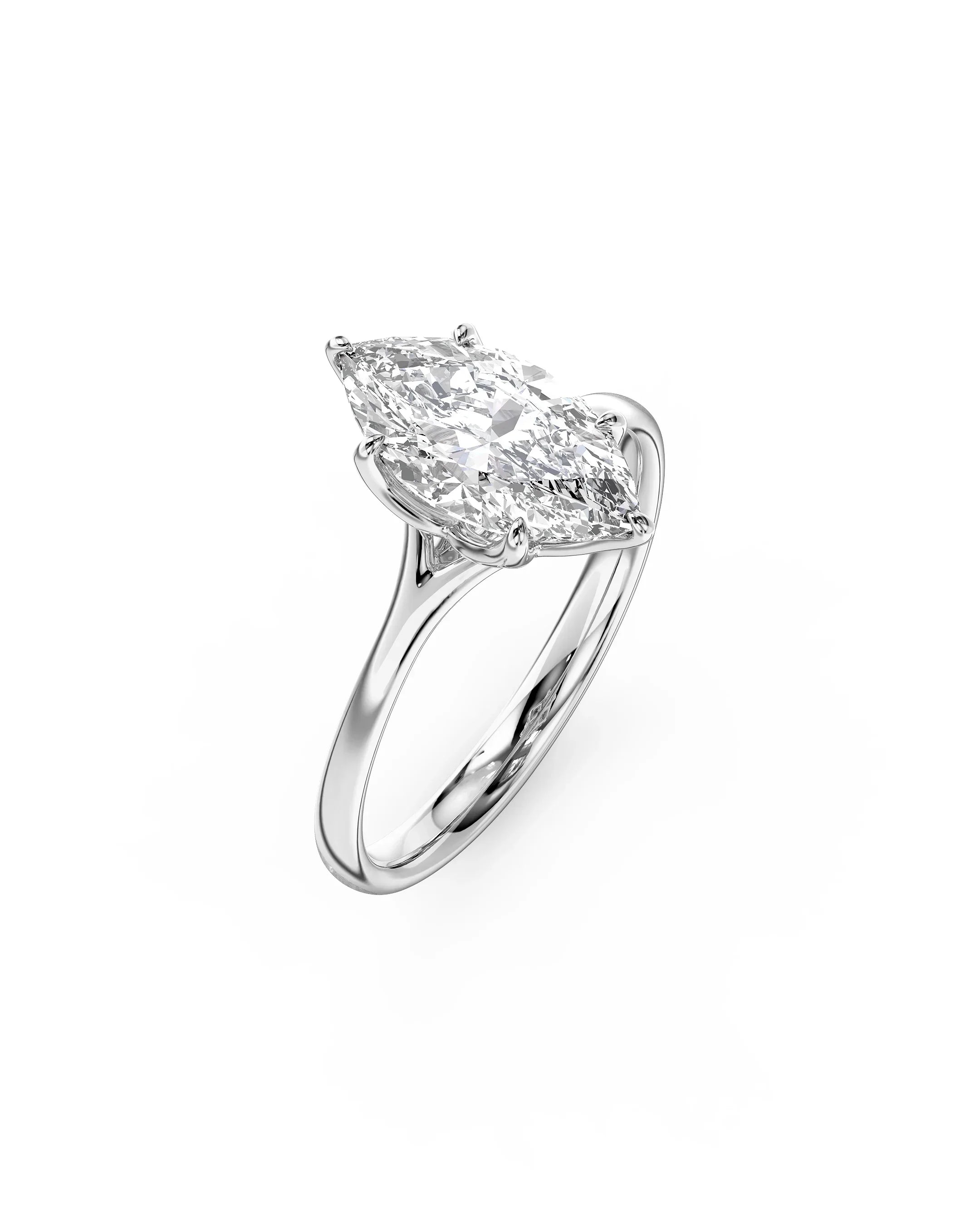 Silver engagement ring with a marquise cut diamond in a tulip claw setting.
