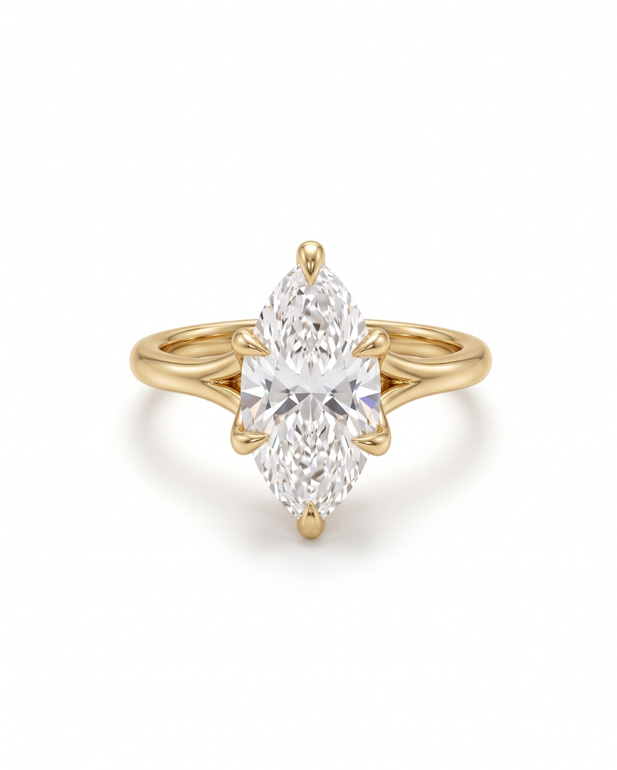 Marquise cut diamond engagement ring with a tulip claw setting in polished yellow gold.