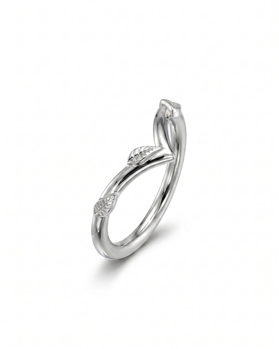 Silver floral wedding band with leaf design.