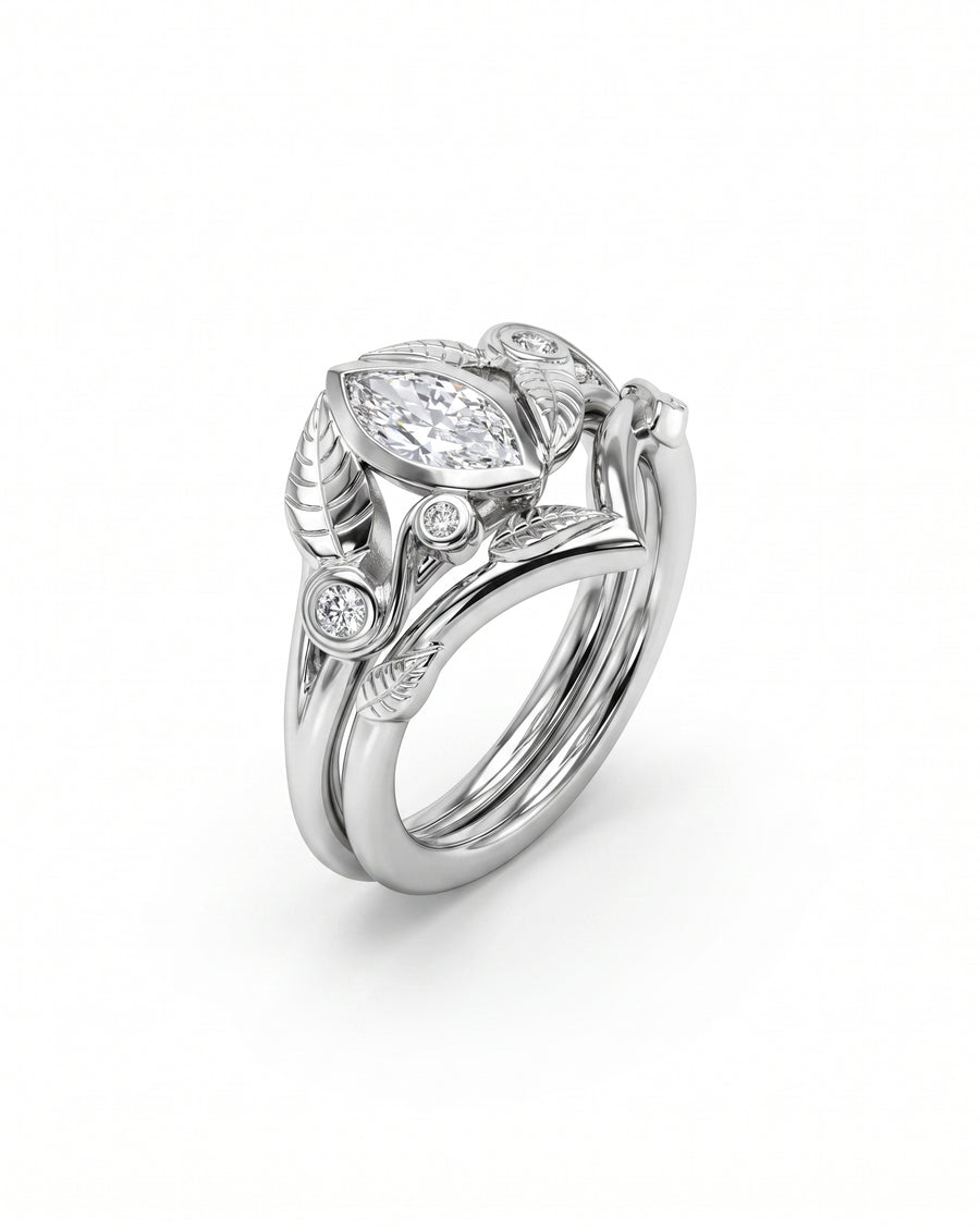 Silver marquise diamond floral wedding and engagement ring set.