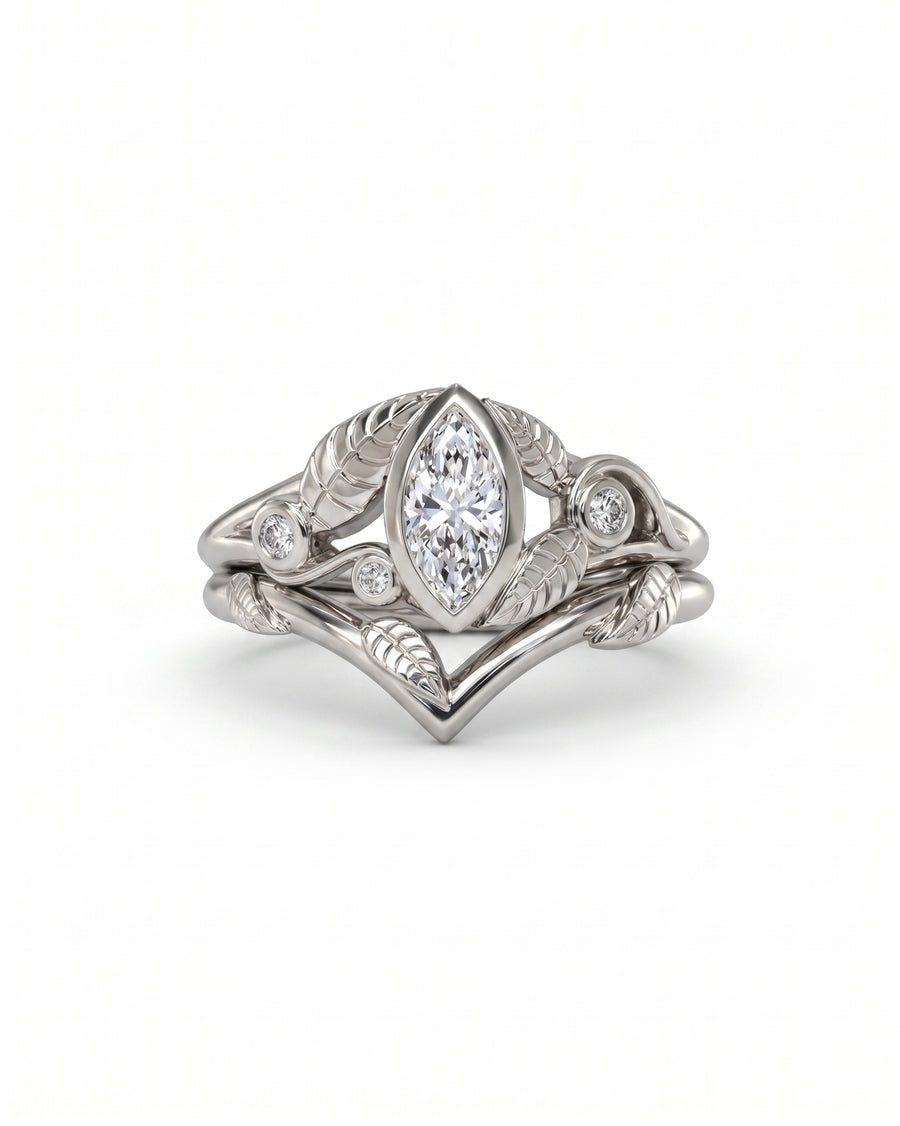 Silver marquise diamond floral wedding and engagement ring set.