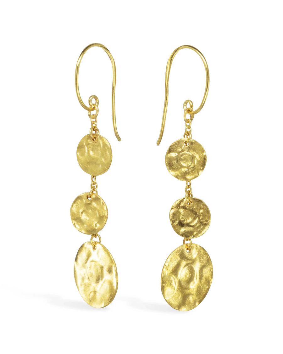 Handmade gold drop earrings with three hammered disc charms in organic shapes