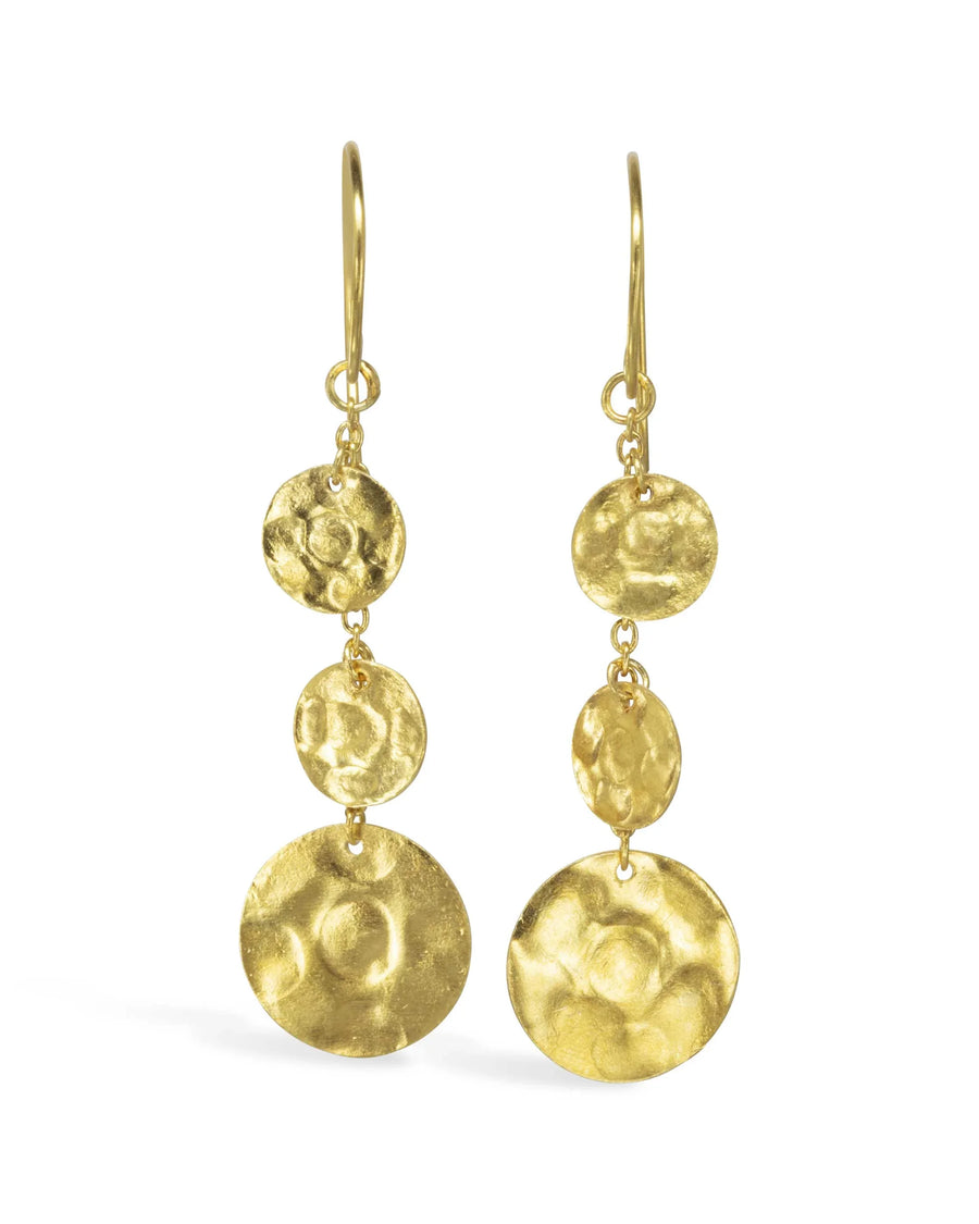 Handmade gold dangle earrings with three hammered discs and textured finish