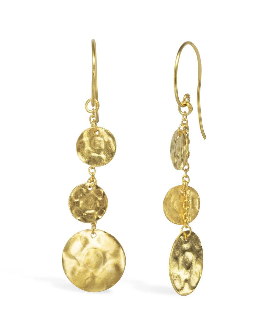 Dangly gold earrings with three textured hammered discs and organic shapes
