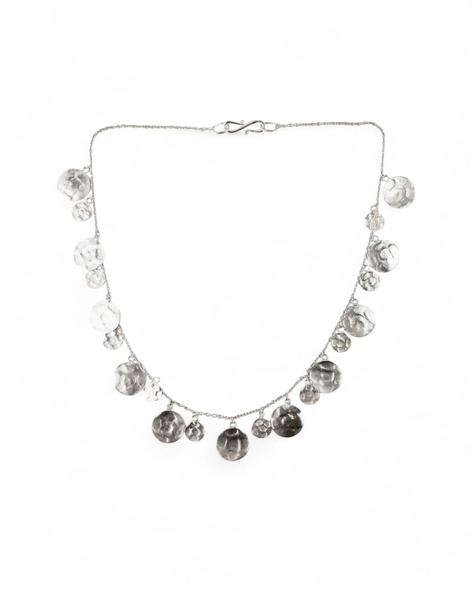 Hammered silver round disc necklace with textured charms on delicate chain