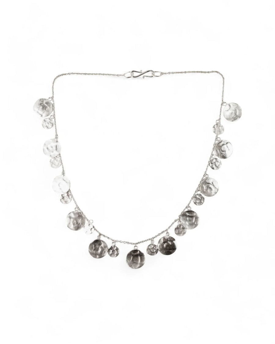Hammered silver round disc necklace with textured charms on delicate chain
