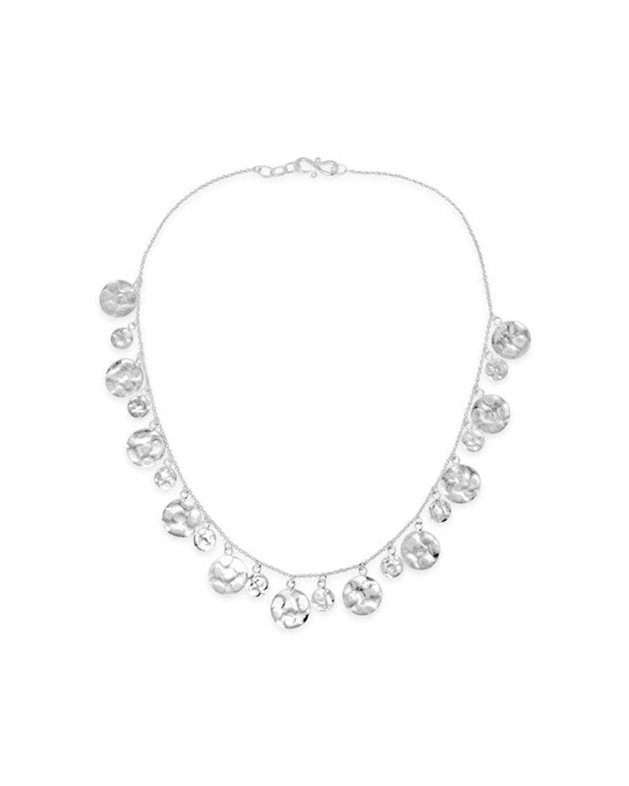 Hammered silver necklace with round textured discs and delicate chain on white background