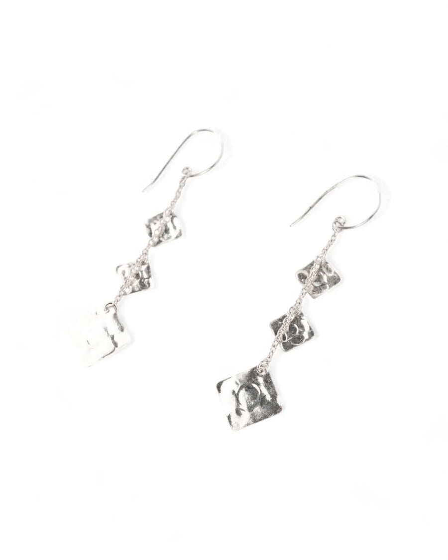 Silver hammered square dangly earrings with three connected squares.