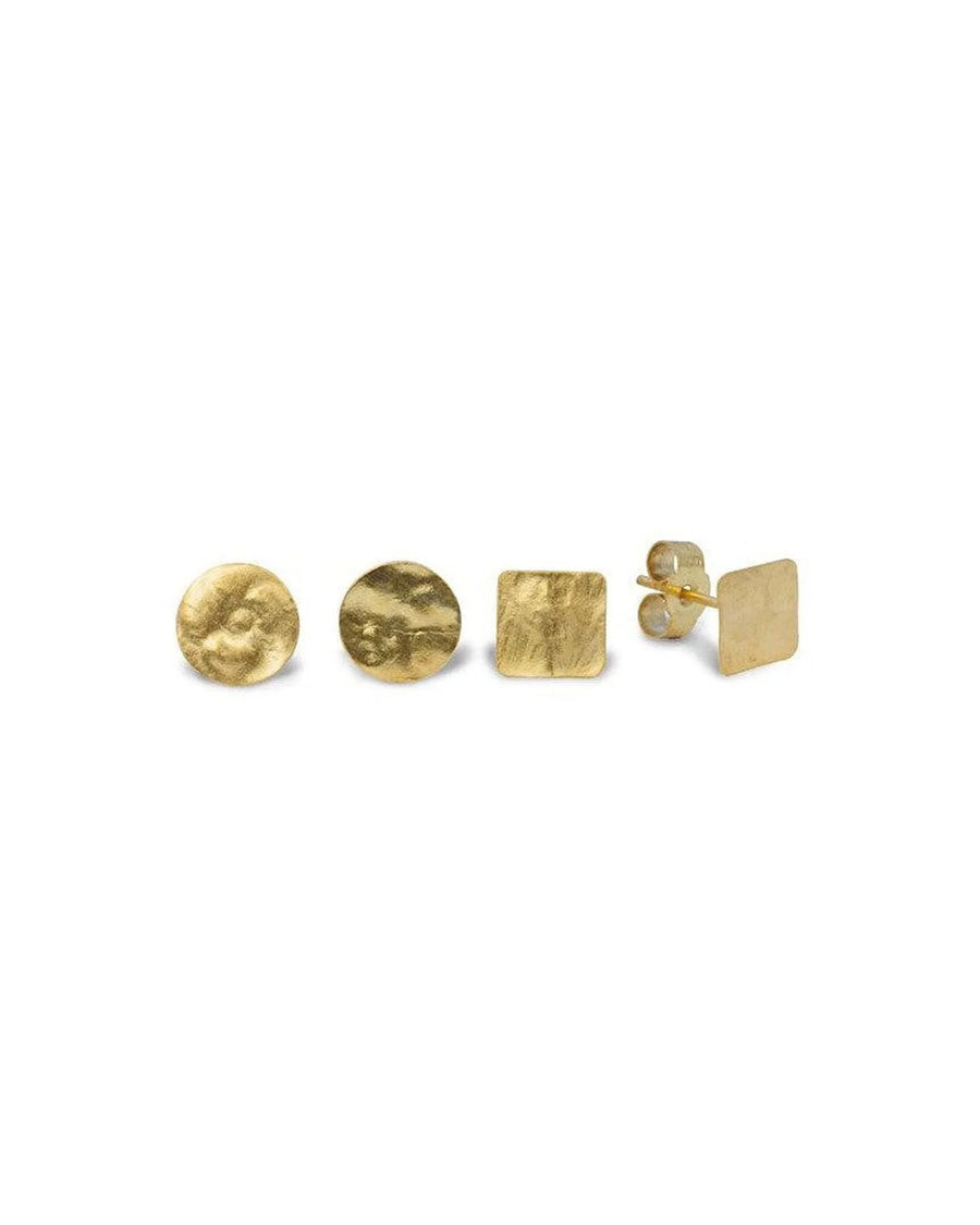 Yellow gold vermeil hammered round and square stud earrings.
