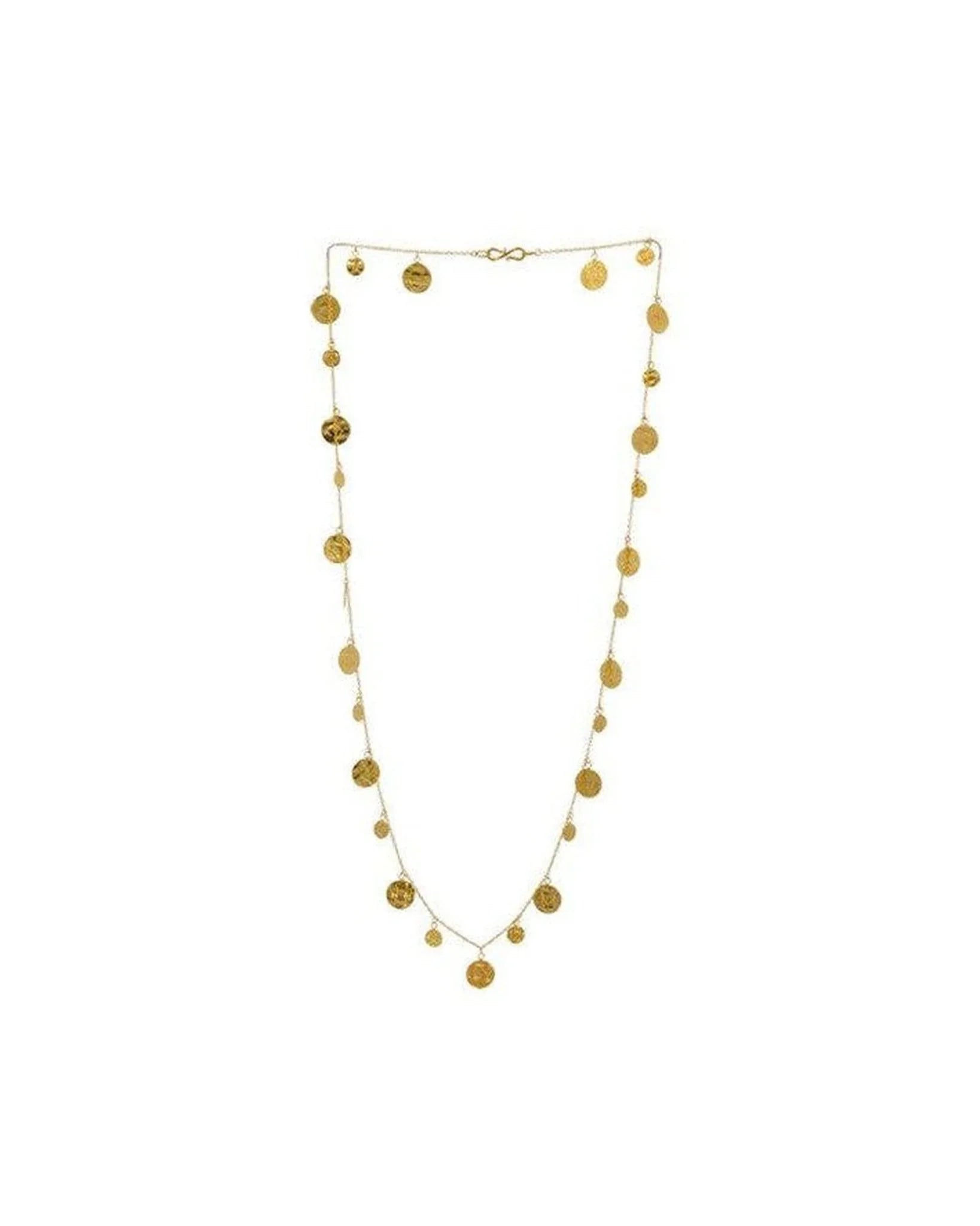 Gold necklace with textured disc charms spaced along a delicate chain, boho luxury jewelry